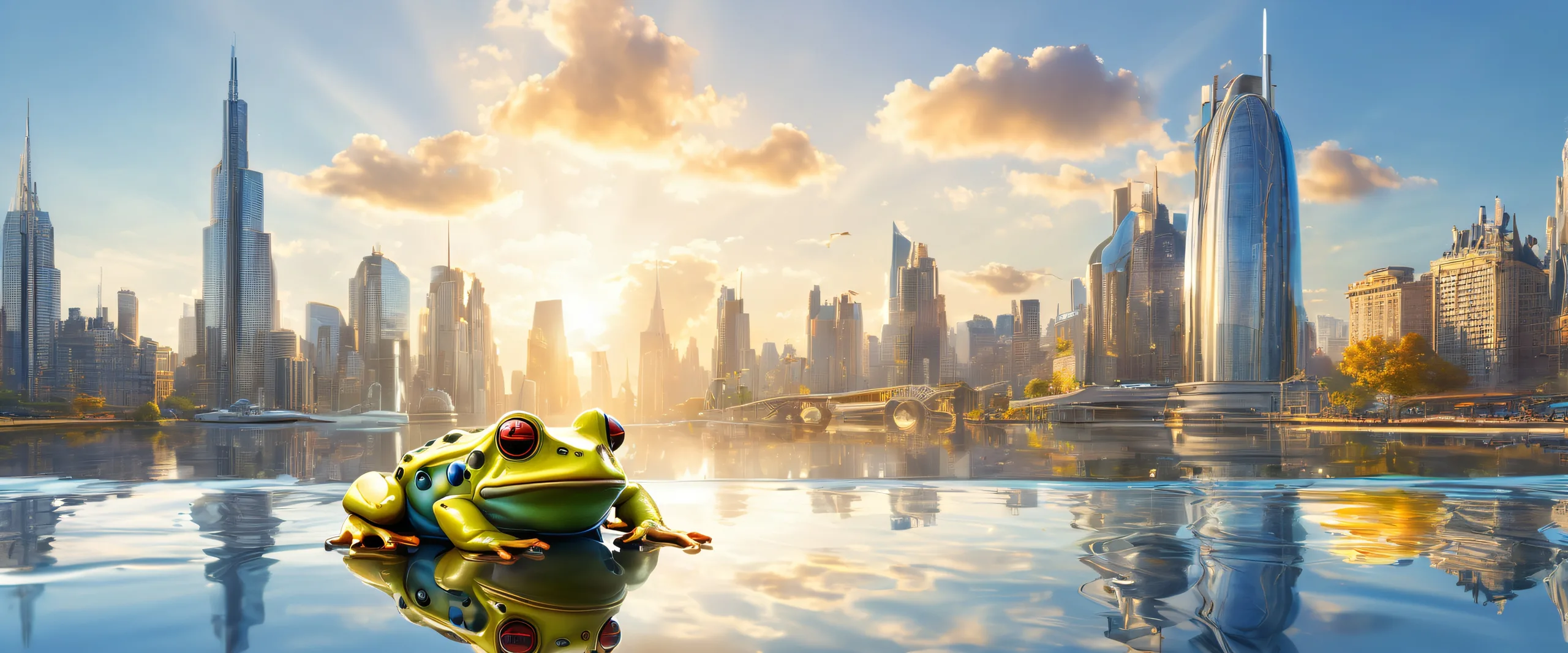 4K Frog's City Oasis Desktop Background Mechanical frog and city skyline at water's edge, perfect desktop for PCs/ Desktops with reflections and metallic sheen.