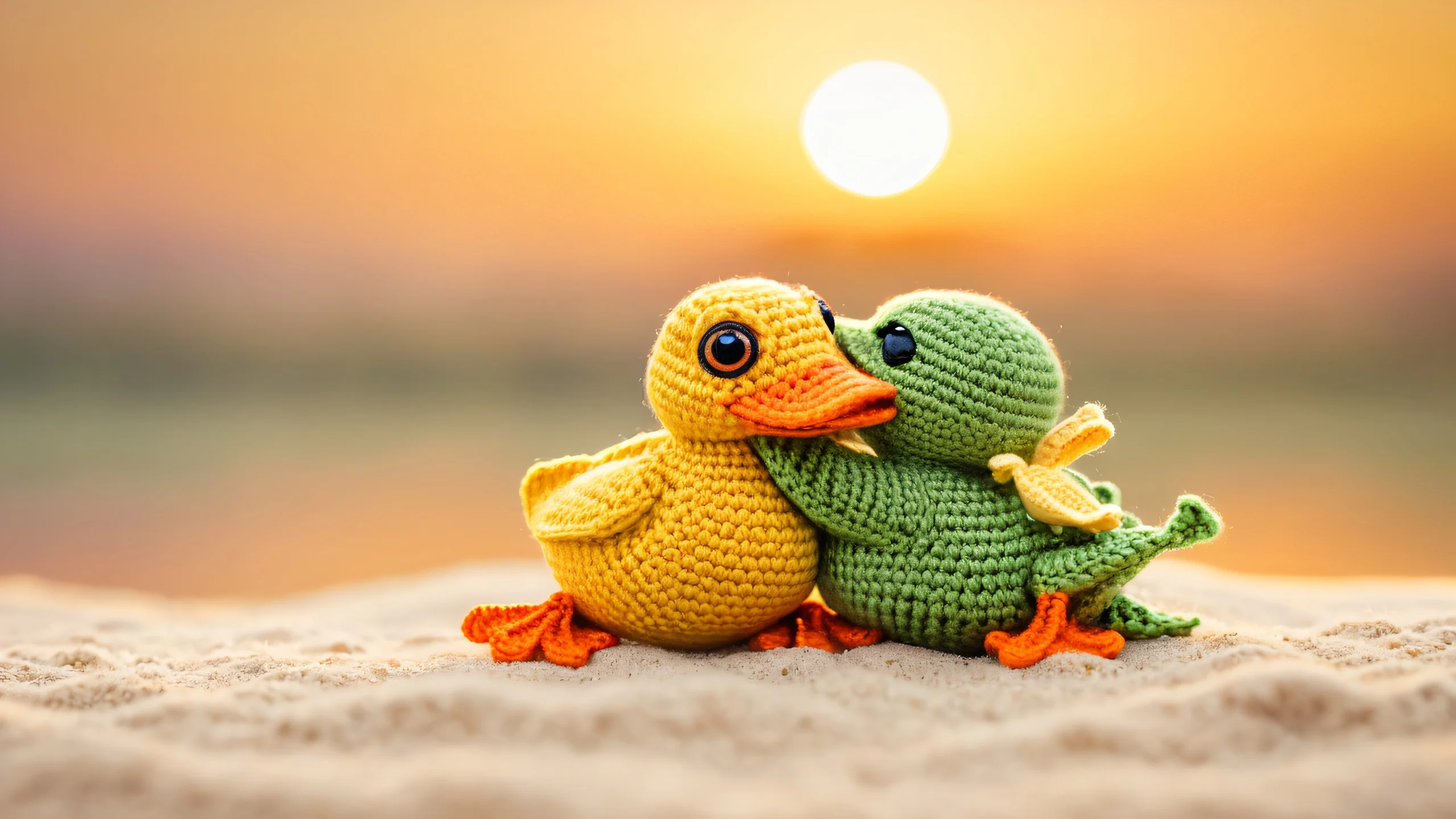 4K Wildlife Harmony Desktop Background A serene image of a frog and duck embracing each other near a natural setting with earthy tones and intricate details.