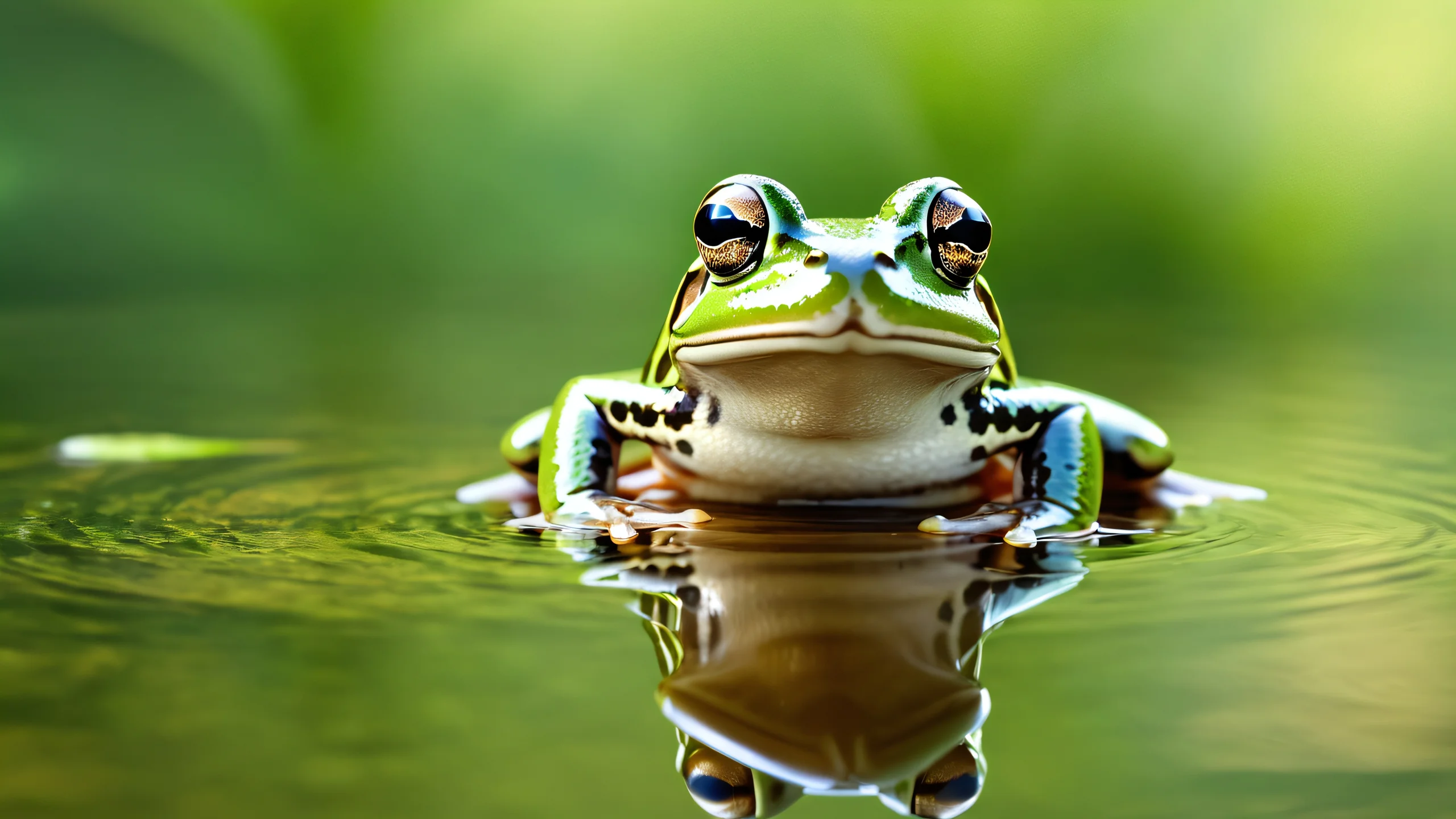 Frog's Earthy Oasis 4K UHD Wallpaper A realistic 4K desktop wallpaper featuring a serene frog scene with soft reflections on water and earthy muted browns and greens.