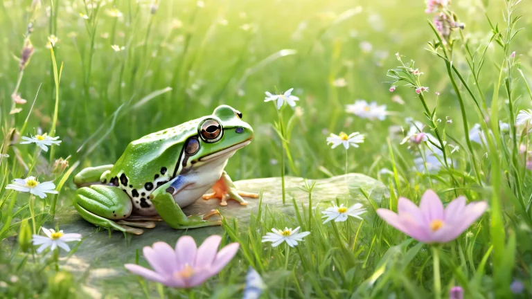 A serene desktop wallpaper of a frog surrounded by soft wildflowers and lush green grass on a delicate pastel-colored meadow, PCやデスクトップに最適.