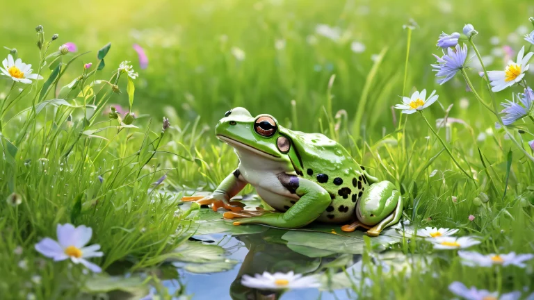 Desktop/PC wallpaper featuring a frog in a serene meadow with wildflowers and green grass, perfect for a tranquil computing experience.