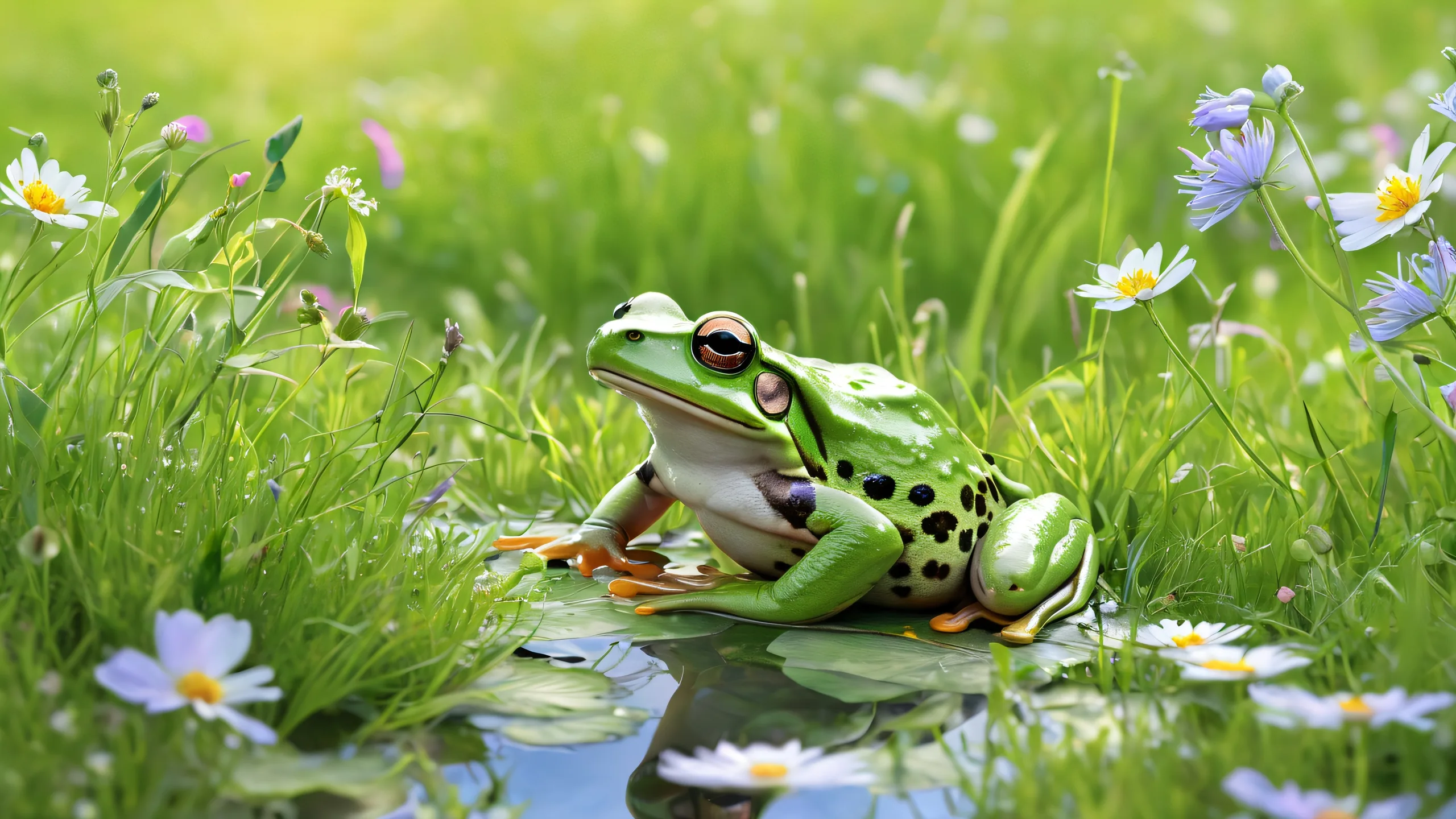 Whimsical Frog Meadow Oasis 4K UHD Wallpaper Desktop/PC wallpaper featuring a frog in a serene meadow with wildflowers and green grass, perfect for a tranquil computing experience.