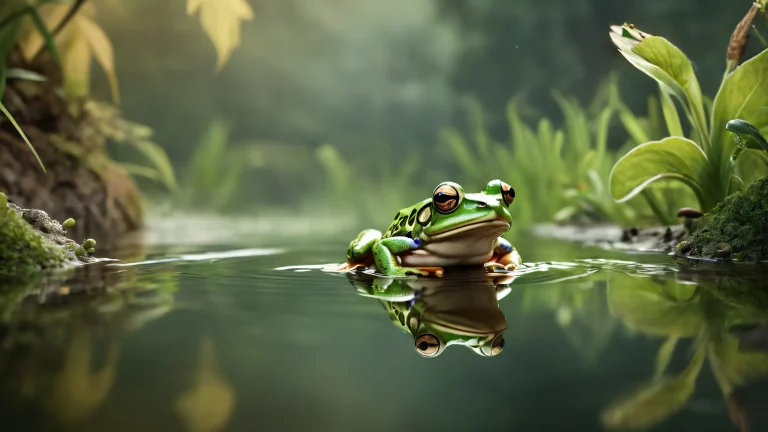 A mesmerizing desktop image of a frog sitting on a rock near a serene pond, reflecting the surrounding forest and moonlit sky. Adequado para desktop/PC.