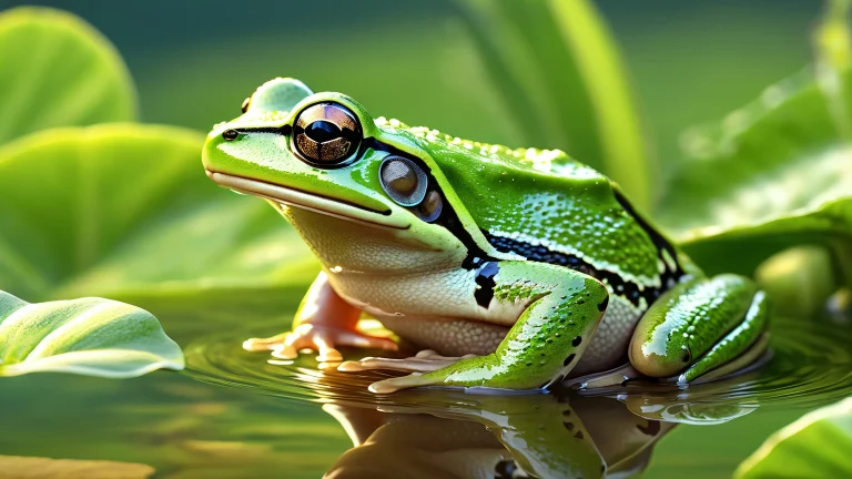 A photorealistic image of a frog sitting on a softly lit pond surrounded by earthy browns and muted greens.