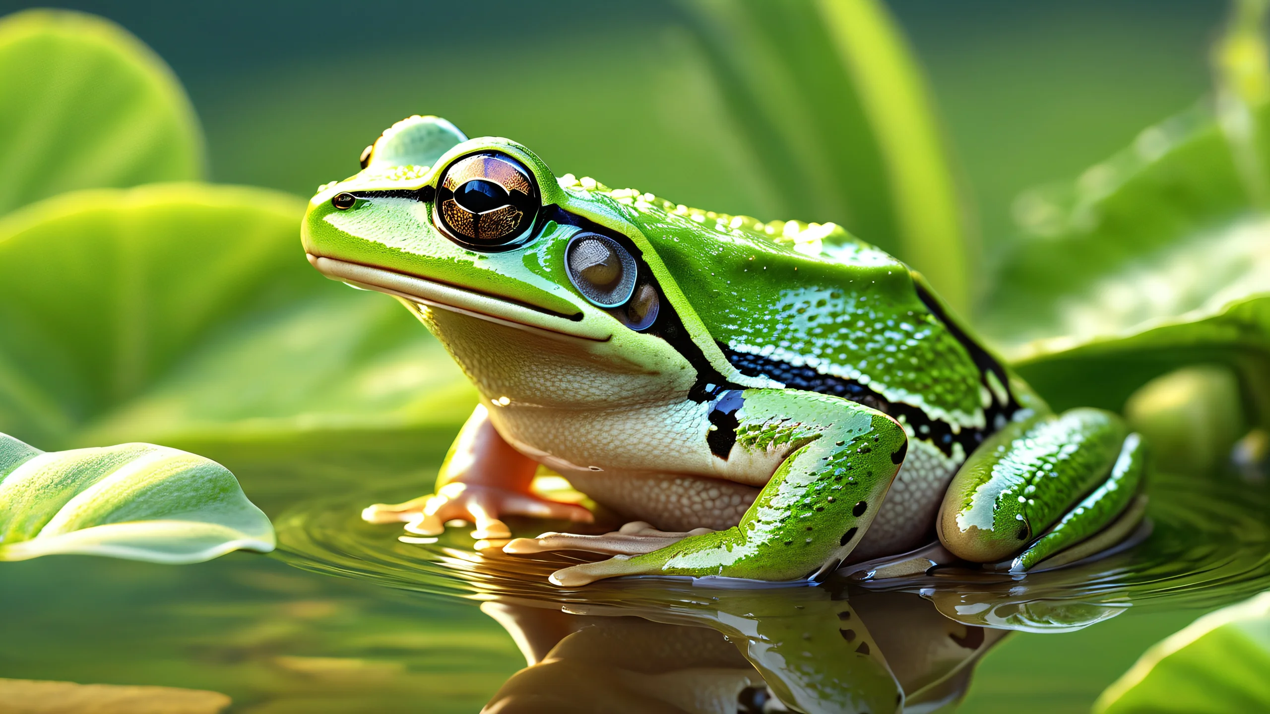 A photorealistic image of a frog sitting on a softly lit pond surrounded by earthy browns and muted greens.