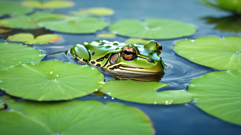 A photorealistic image of a frog sitting on a lily pad in a serene pond with soft reflections and earthy tones.
