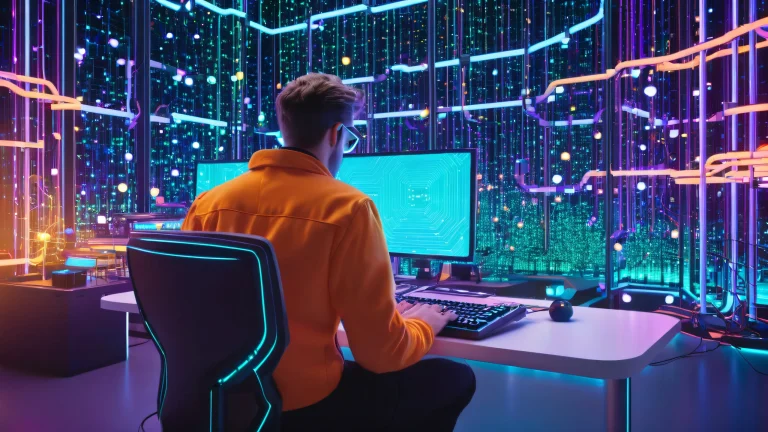 A futuristic laboratory scene on a Desktop/PC with glowing servers and programmer's hands hovering above the keyboard.