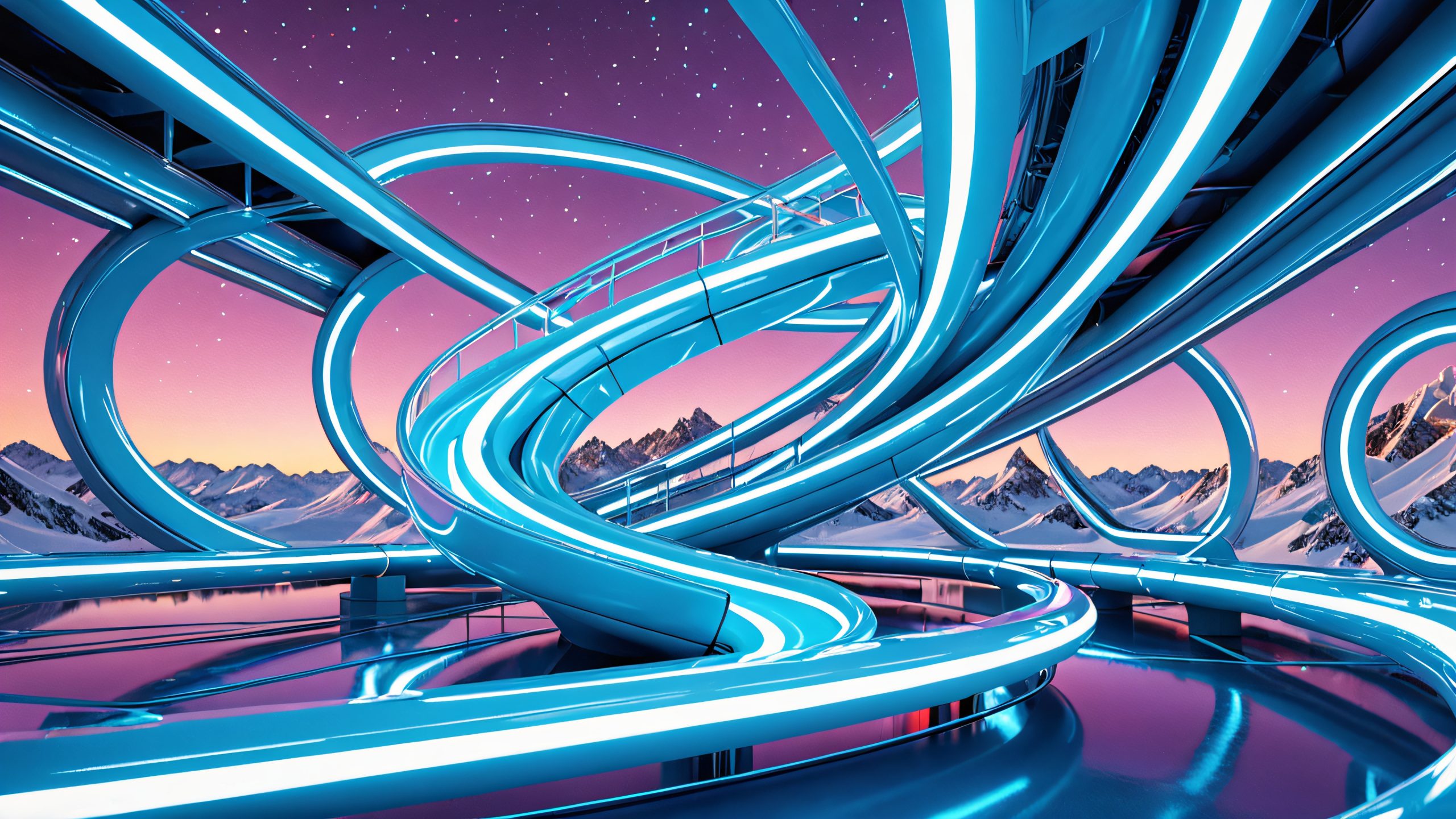 Breathtaking 4K desktop wallpaper of metallic fragments, curves, and angles, with wispy tendrils of light, evoking a sense of kinetic energy and nostalgia.