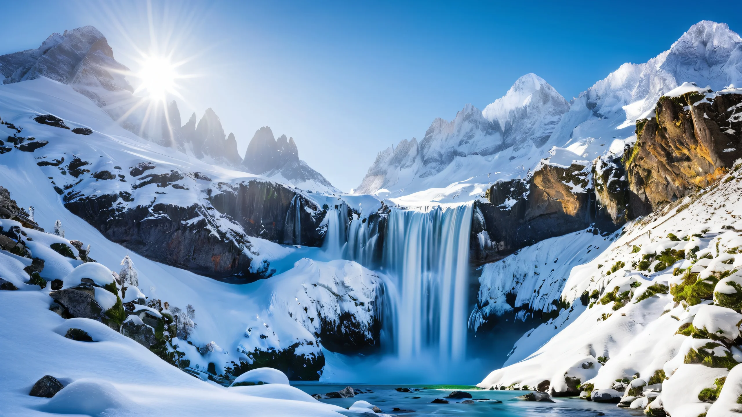 4K Frozen Mountain Serenity Wallpaper for PC/Mac A stunning waterfall and snow-capped mountains landscape with sunlight and long exposure effects.