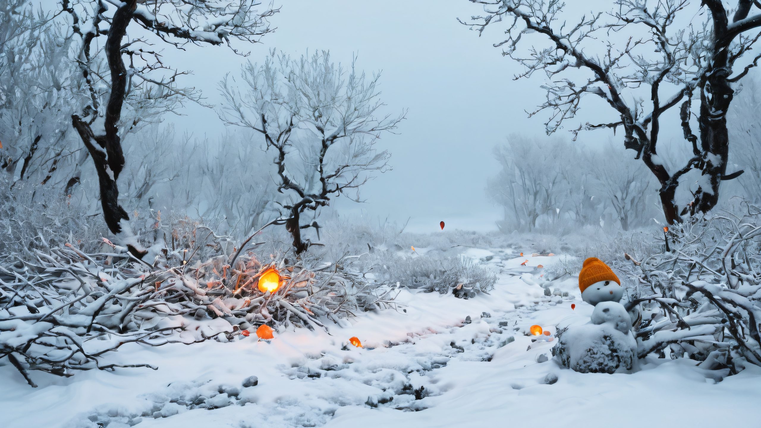 A lone, frostbitten figure crouched in a snowbank, clutching blood-stained gardening shears, amidst a desolate winter wonderland scene with twisted tree branches and a blood-red moon, for Desktop/PC
