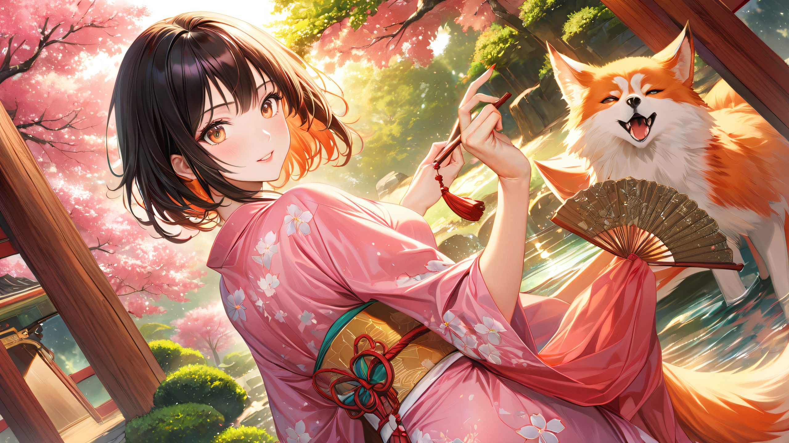 Fubuki, a playful kitsune fox spirit, in a traditional Japanese garden setting, with a vibrant pink yukata and ornate wooden fan, for desktop PC