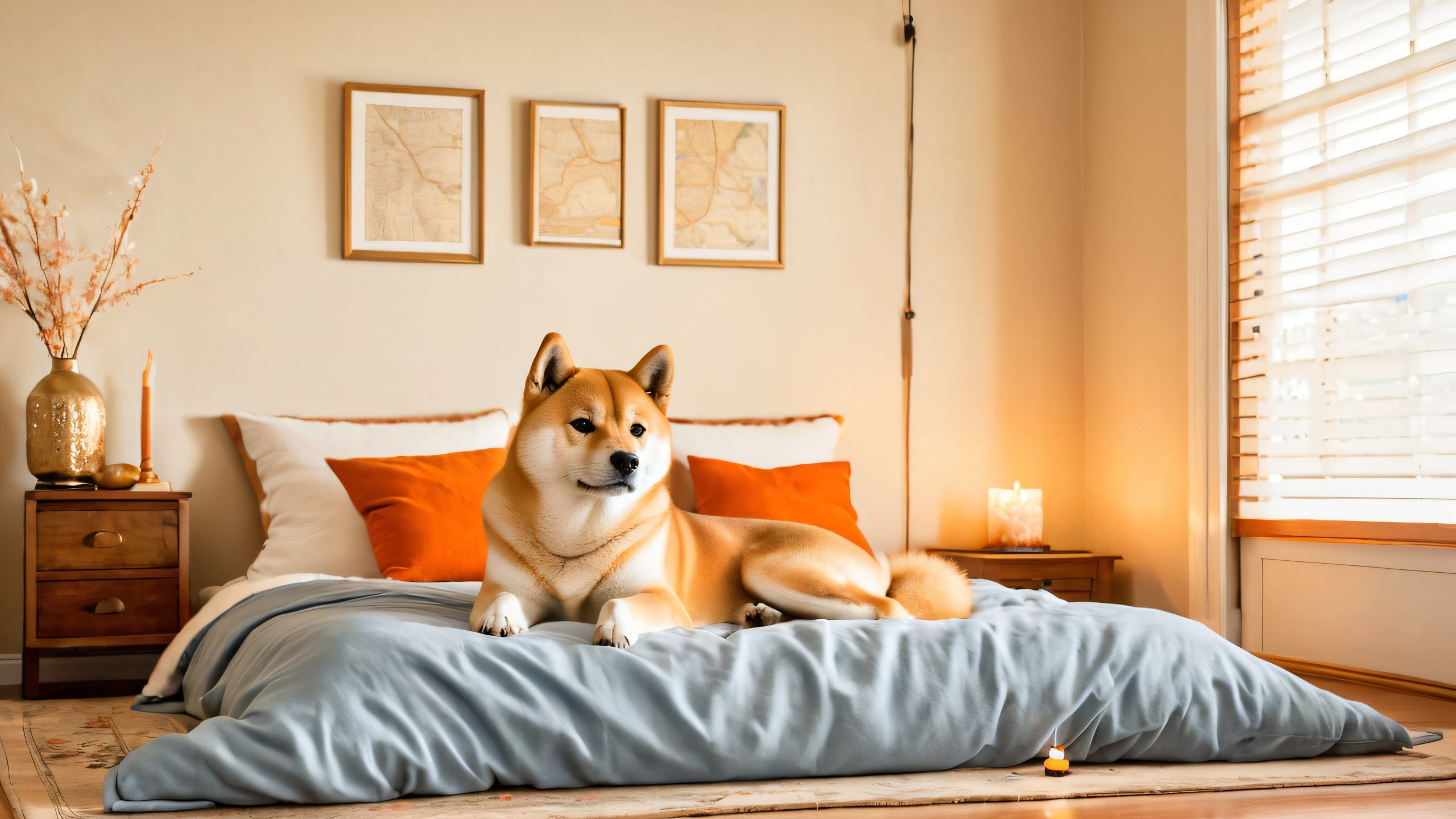 Furry Disappointment at Dawn 4K UHD Widescreen A majestic Shiba Inu looks disappointed on a desktop with vintage maps and cluttered bedroom.