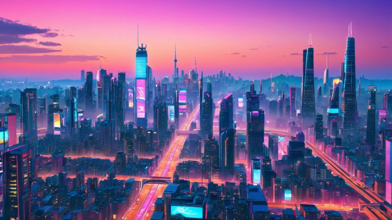 future cityscape wallpaper neon lights desktop background scaled