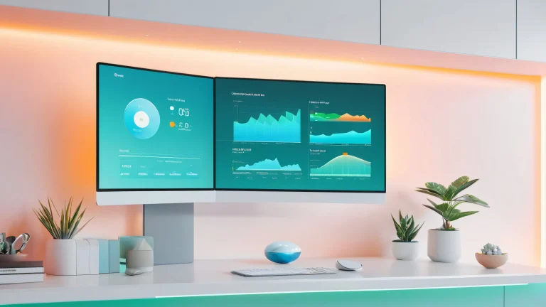 A futuristic desktop with a SaaS website template and analytics visualizations on a subtle gradient background for use as a high-tech workspace or computer screen.