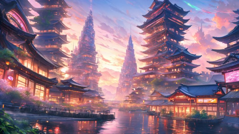 futuristic anime cityscape 4k cherry blossom bliss scaled