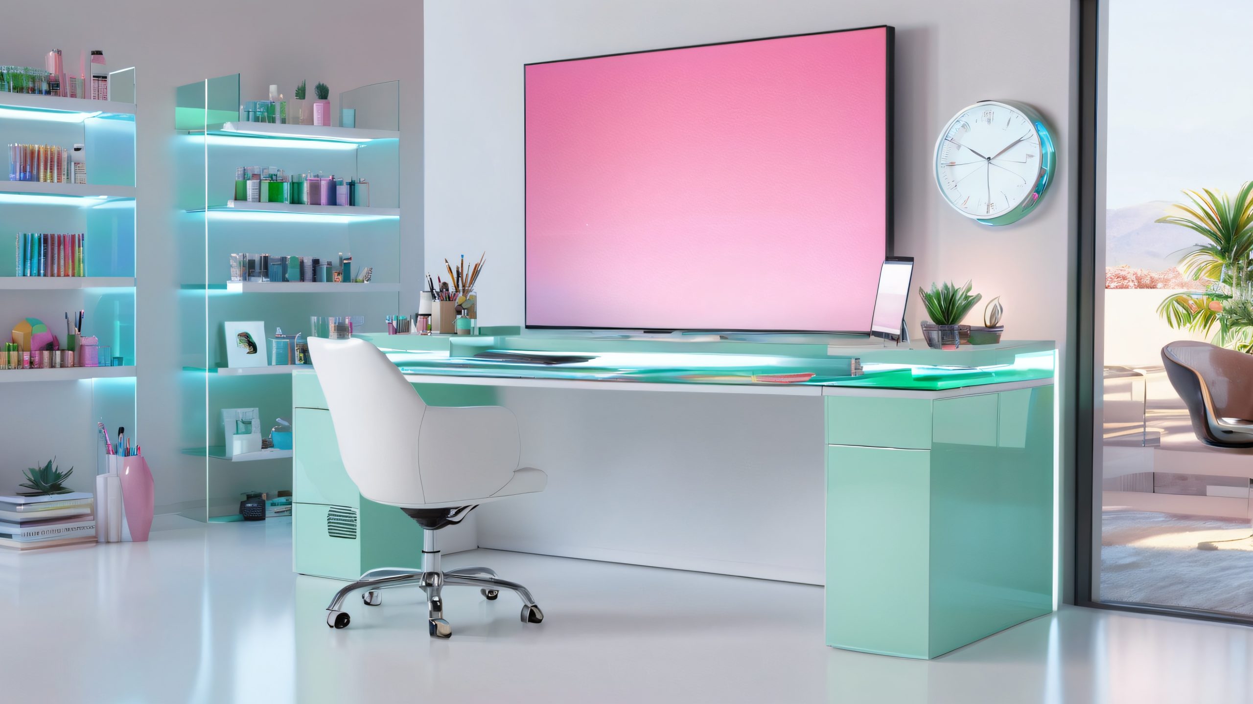 Vibrant Artistic Haven 4K UHD Widescreen Futuristic artist's workstation with digital canvas and various art supplies on a minimalist desktop/pc.