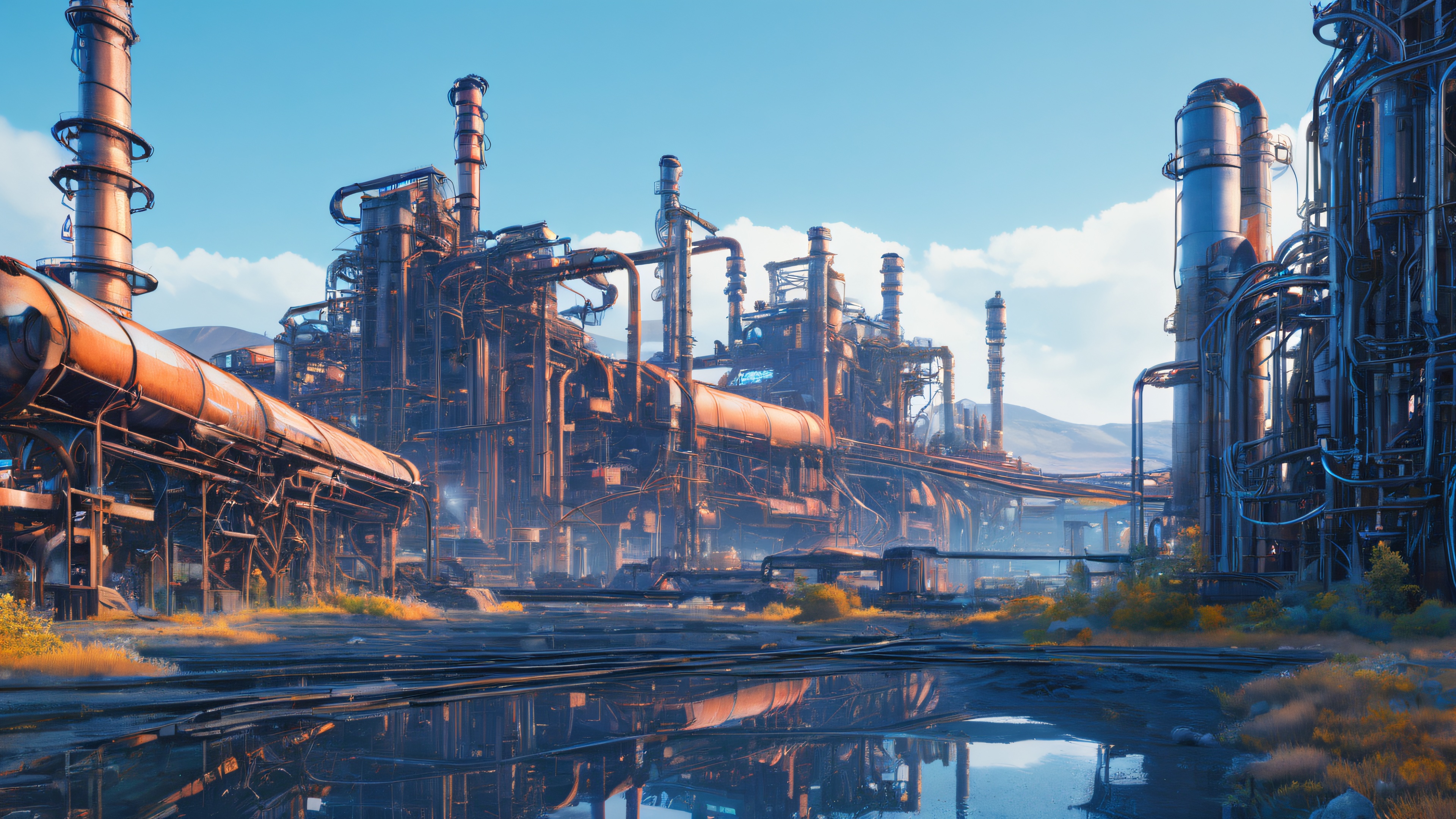 A futuristic biomechanical entity lies broken on a desolate industrial wasteland, with glowing blue circuits and a pulsing blue aura.