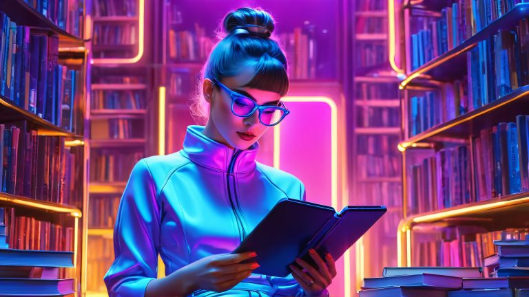 futuristic bookworm cyberpunk bookshop 4k wallpaper scaled