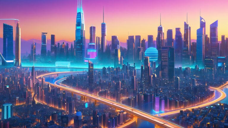 futuristic city mural 4k desktop wallpaper scaled