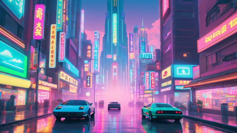 futuristic cityscape 4k wallpaper with retro robots and vhs static scaled