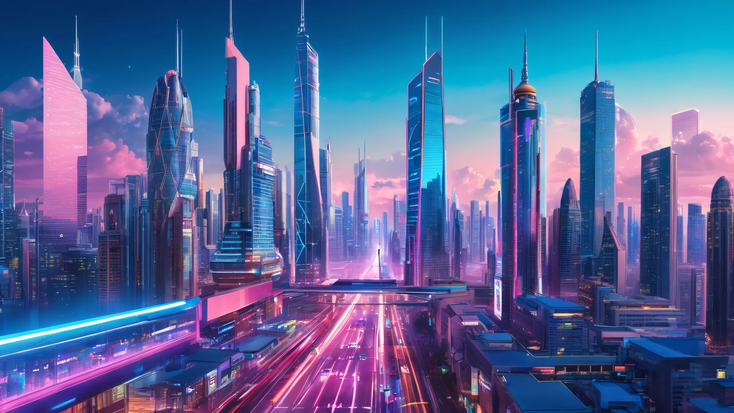 Desktop/PC wallpaper featuring a futuristic cityscape with circuitry patterns and neon lights at night.