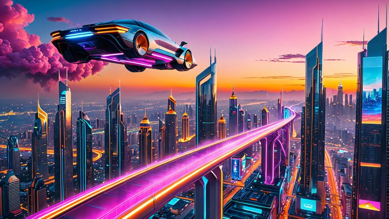 futuristic cityscape at sunset 4k wallpaper scaled