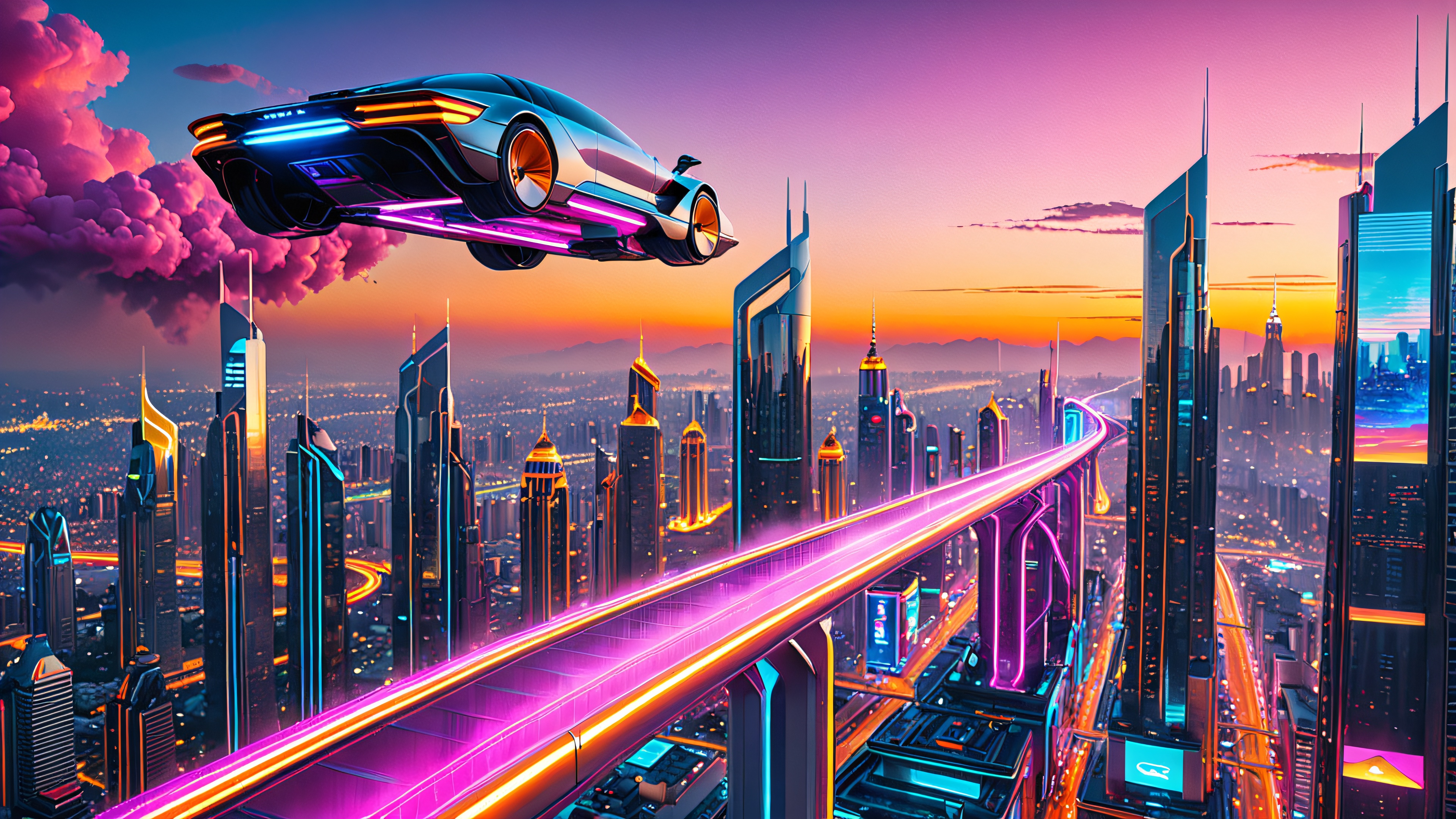 A futuristic cityscape at sunset with neon-lit skyscrapers, hovercar, and digital smoke