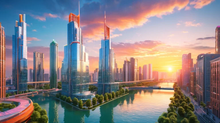 A futuristic metropolis skyline desktop wallpaper featuring modern skyscrapers and city life at sunset for Desktop/PC