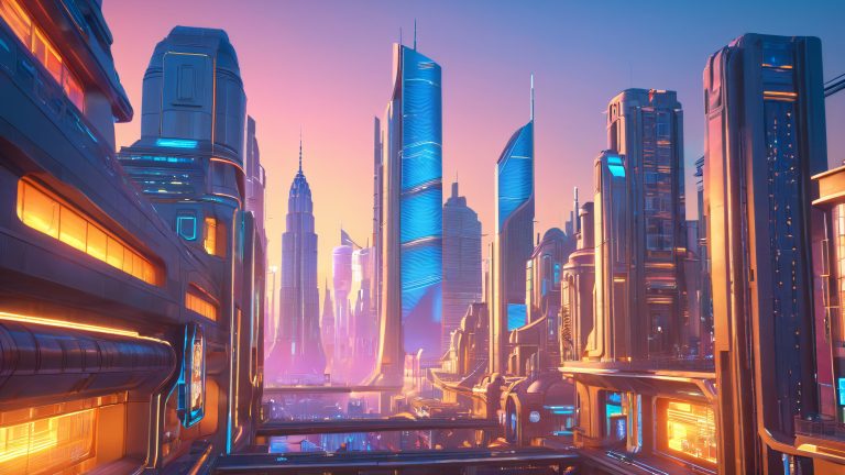 futuristic cityscape at sunset wallpaper scaled