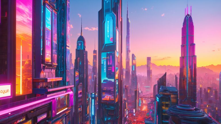 futuristic cityscape cyberpunk sunrise with neon lights scaled