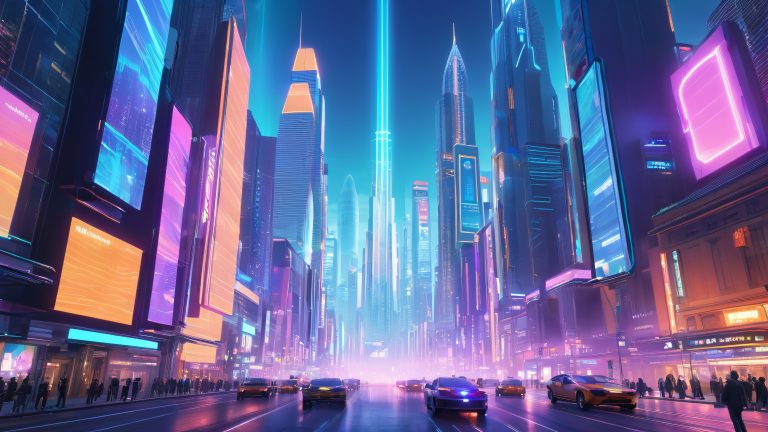 futuristic cityscape holographic projections urban metropolis scaled
