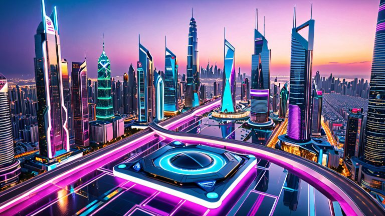 futuristic cityscape hoverboard waiting cyber metropolis wallpaper scaled