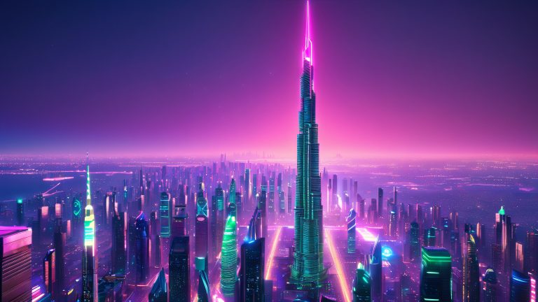 futuristic cityscape neon lit skyscraper at night cyber theme scaled