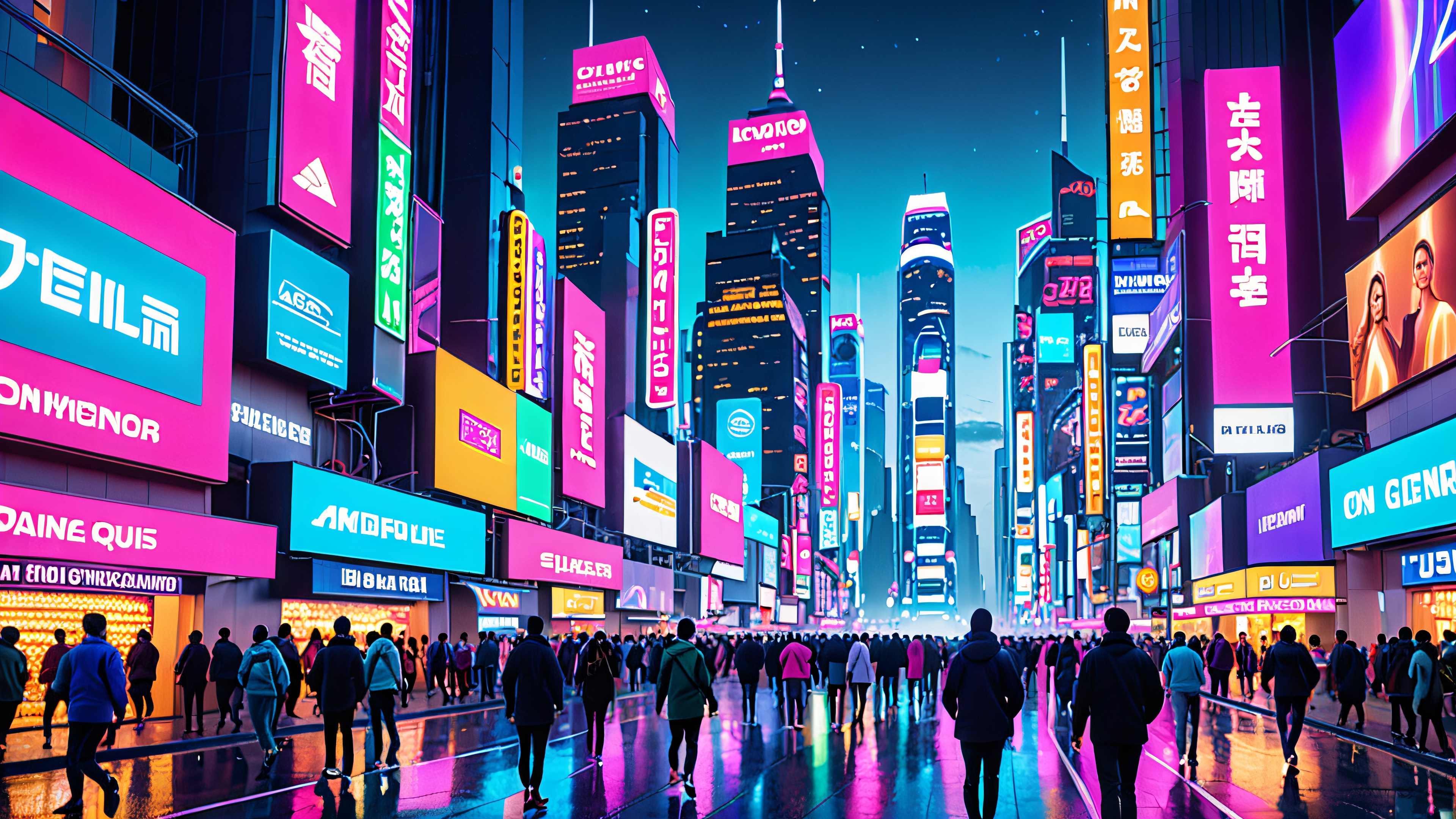 A futuristic cityscape with neon-lit skyscrapers, holographic advertisements, and bustling street life.