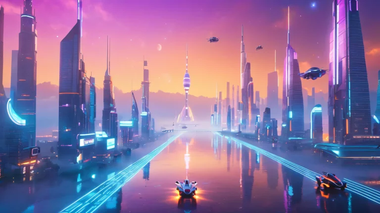 A futuristic cityscape with neon-lit skyscrapers and hovering spacecraft on a smog-filled sky, surrounded by augmented humans walking alongside. Convient pour ordinateur de bureau/PC.