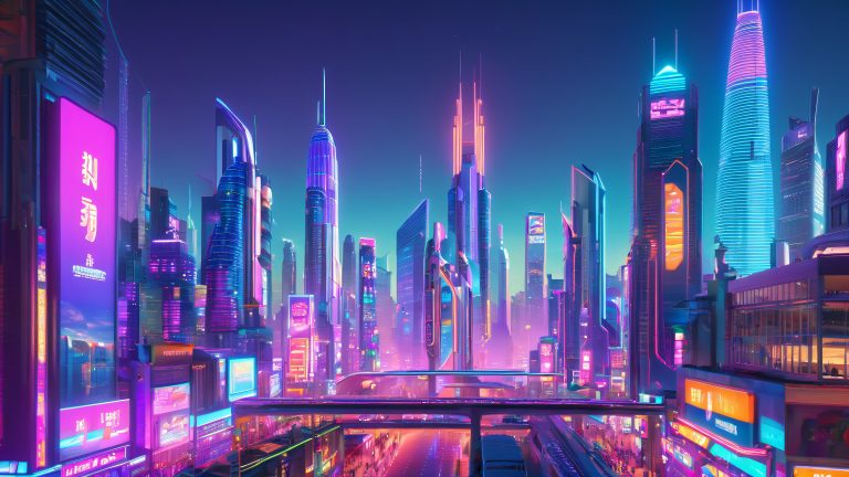 futuristic cityscape neon wallpaper rooftop figure scaled