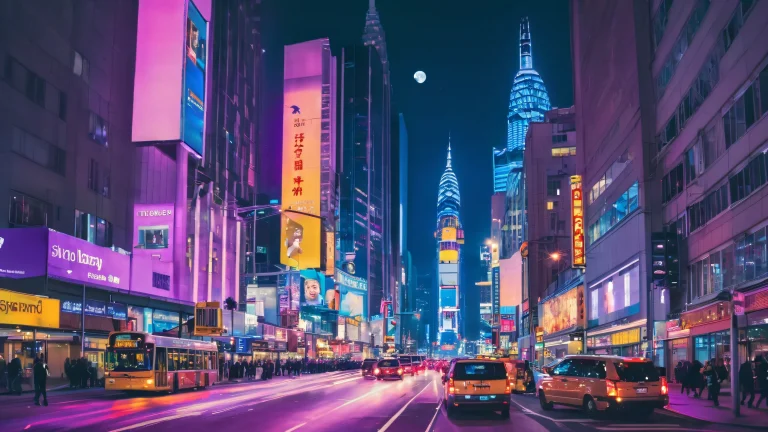 A futuristic cityscape with towering skyscrapers, neon lights, and bustling streets on a dark blue night sky filled with stars and a crescent moon for Desktop/PC.