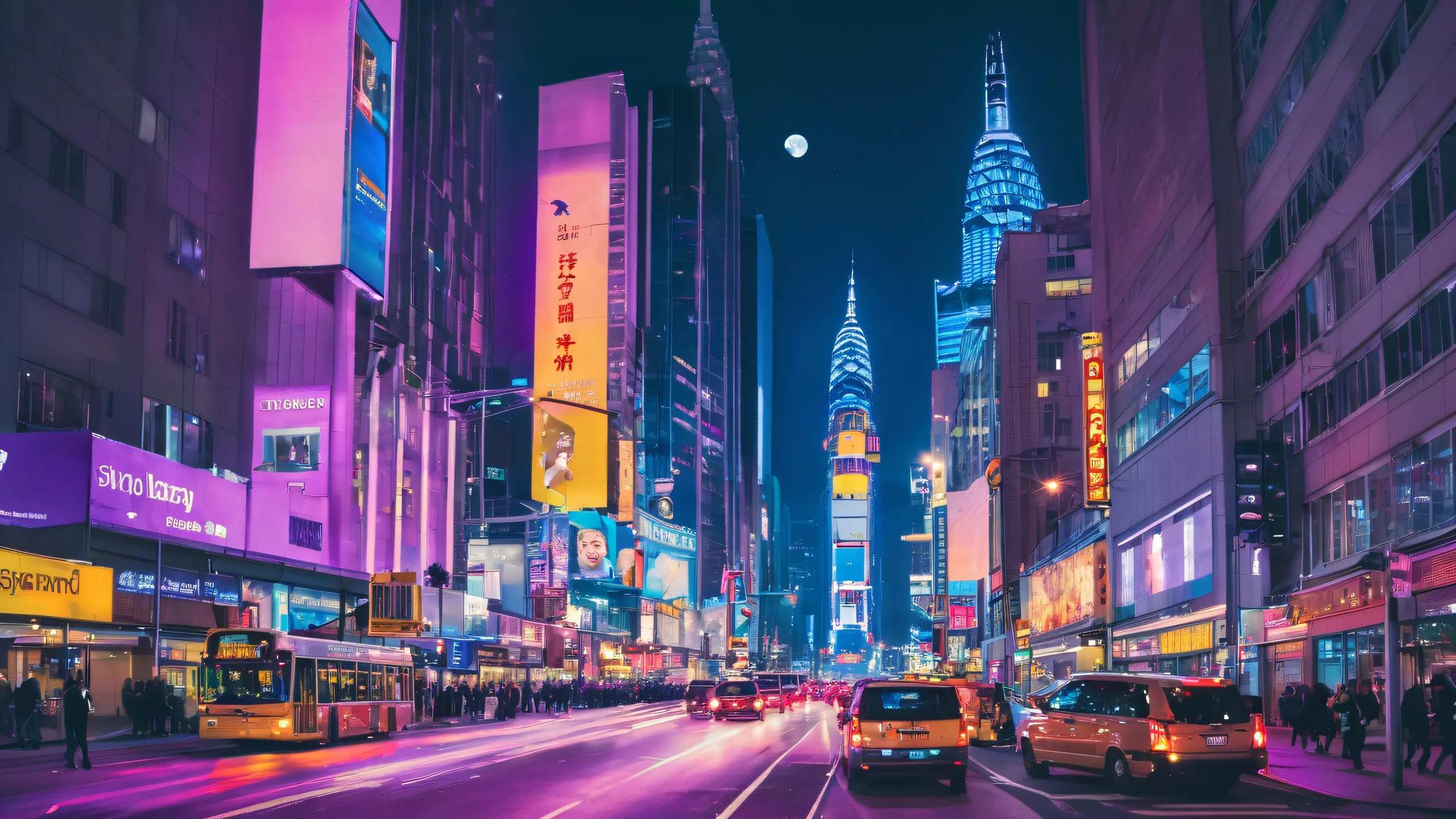 A futuristic cityscape with towering skyscrapers, neon lights, and bustling streets on a dark blue night sky filled with stars and a crescent moon for Desktop/PC.