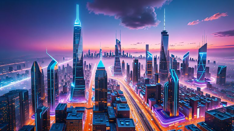 futuristic cityscape procedural patterns unfold cyber wallpaper scaled