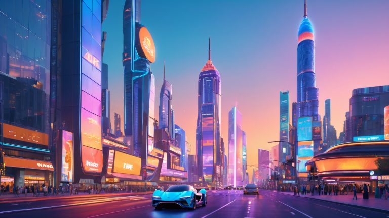 futuristic cityscape wallpaper at dusk neon lights and holographic ads scaled