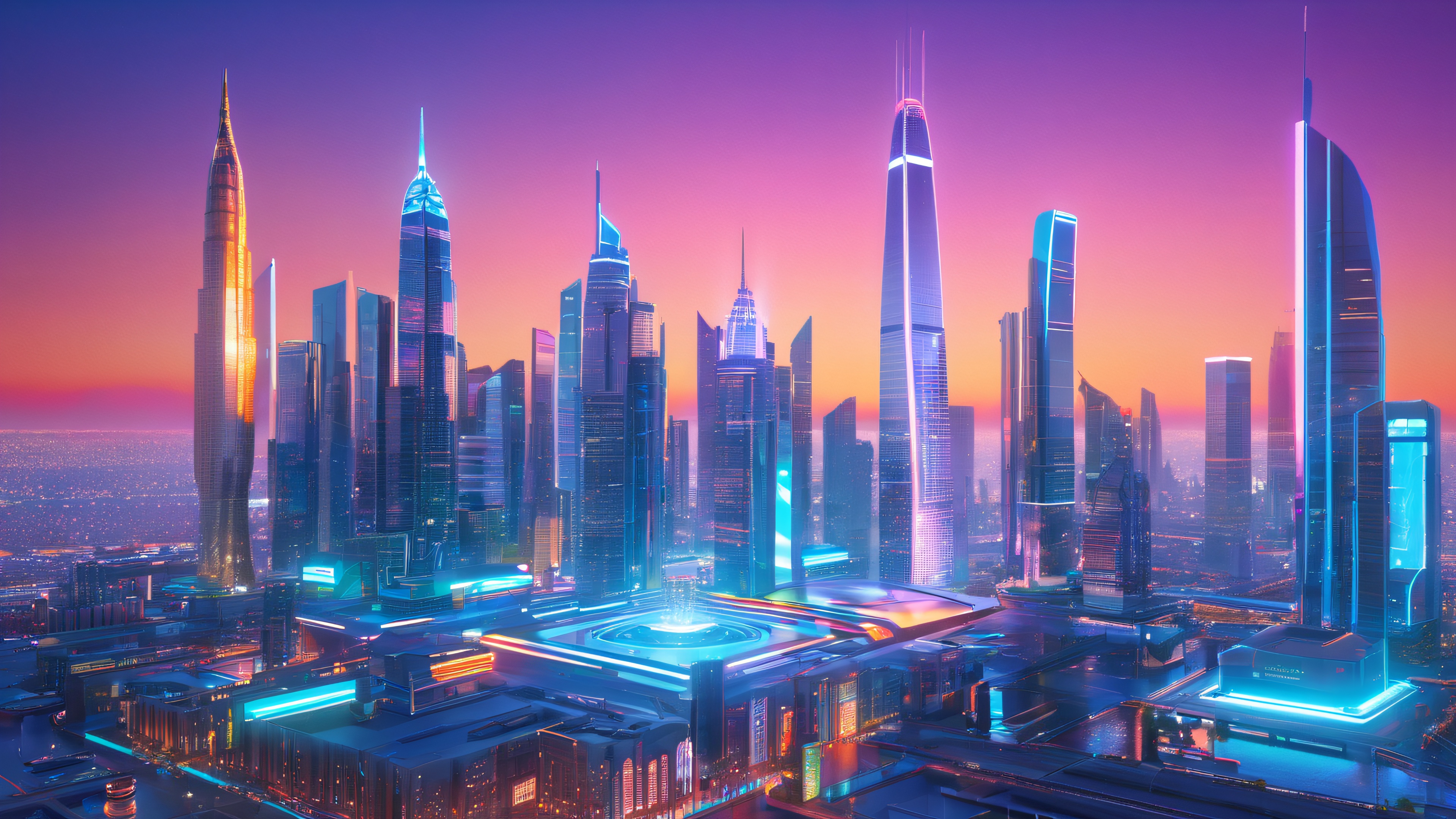 A futuristic cityscape with towering skyscrapers, holographic advertisements, and a sleek atmosphere featuring virtual products in mid-air.