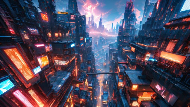 futuristic cityscape wallpaper neon lit metropolis amidst stormy skies 4k anime scaled