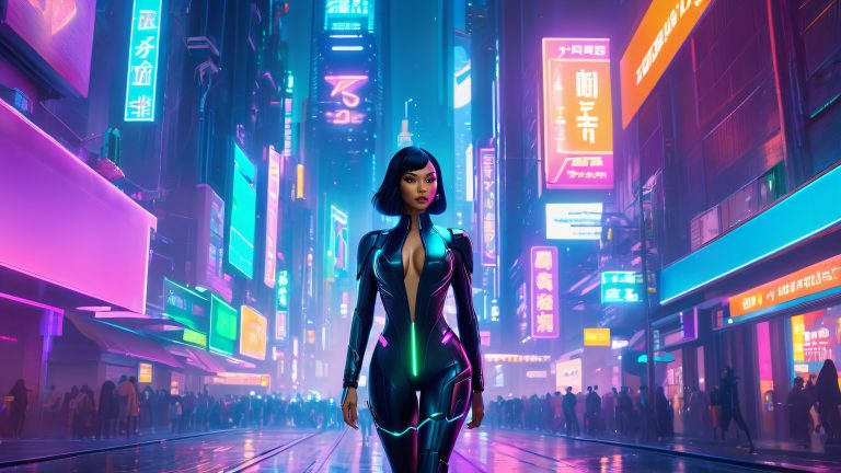 futuristic cityscape wallpaper neon lit streets and rebecca in action scaled