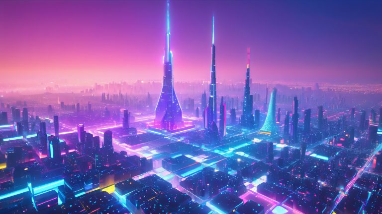 futuristic cityscape with glowing drones 4k cyber wallpaper scaled