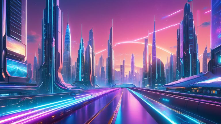 futuristic cityscape with holographic ads and binary vortex scaled