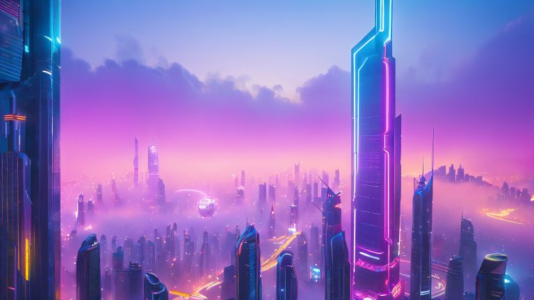 futuristic cityscape with swirling fog and neon lights cyber wallpaper scaled
