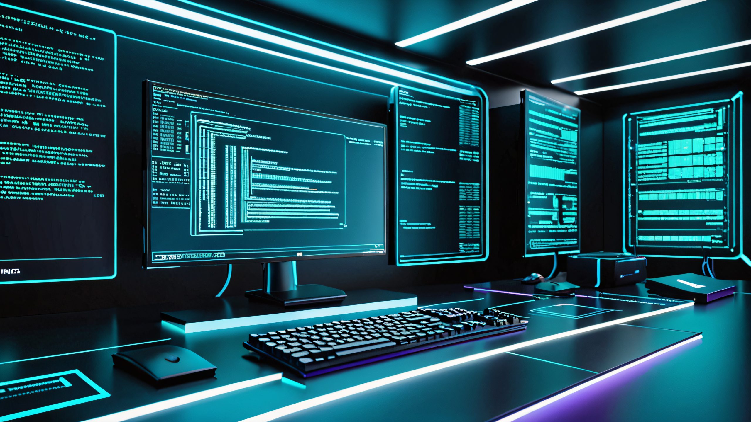 Aesthetic Futuristic Code Terminal Background A futuristic computer screen with a minimalist terminal interface featuring a Linux command line and ASCII art, set against a dark background.
