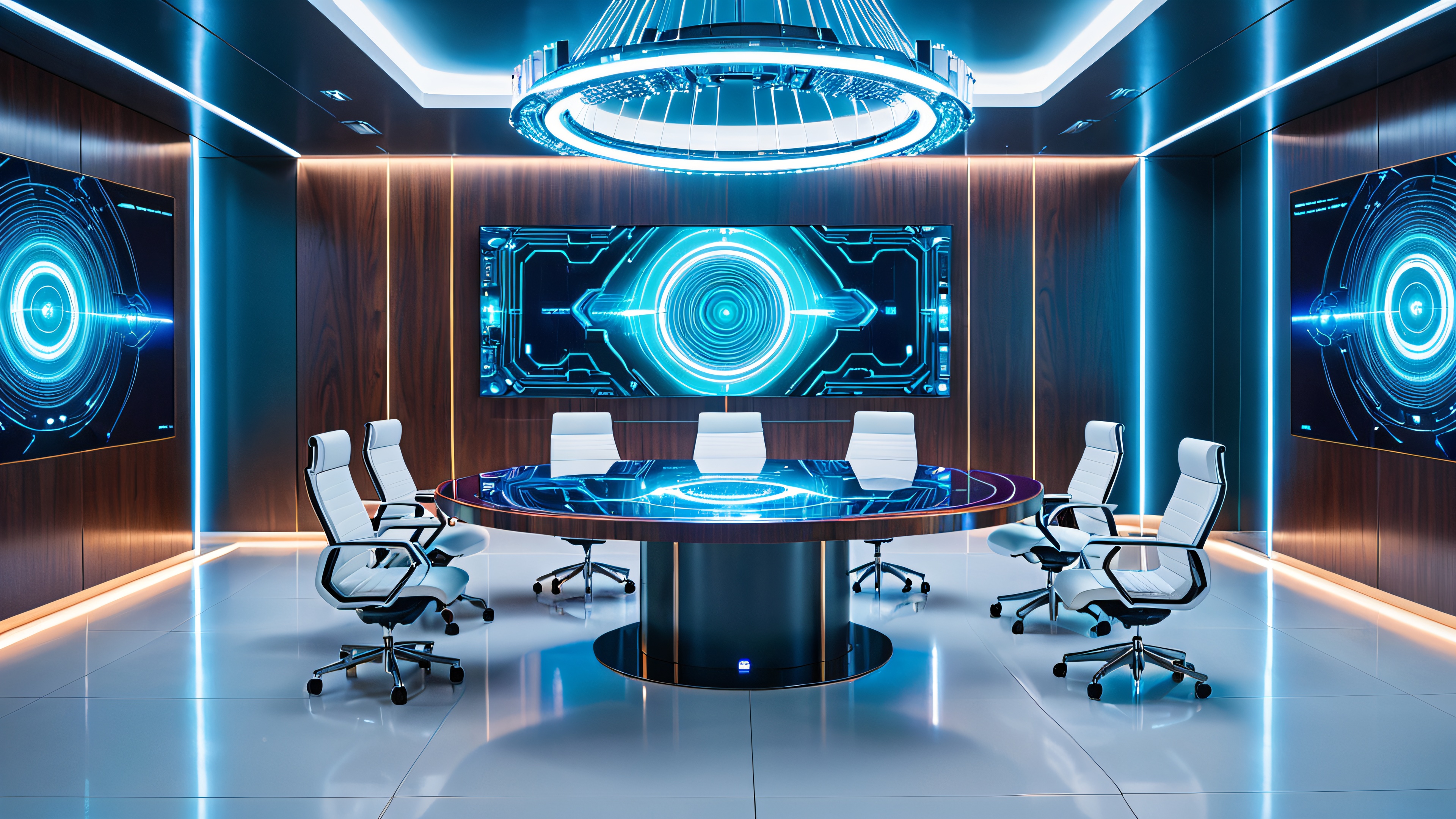 A futuristic conference table with a holographic display projecting interconnected nodes, wires, and circuit boards, surrounded by soft blue light, featuring two humanoid AI entities in metallic exoskeletons.