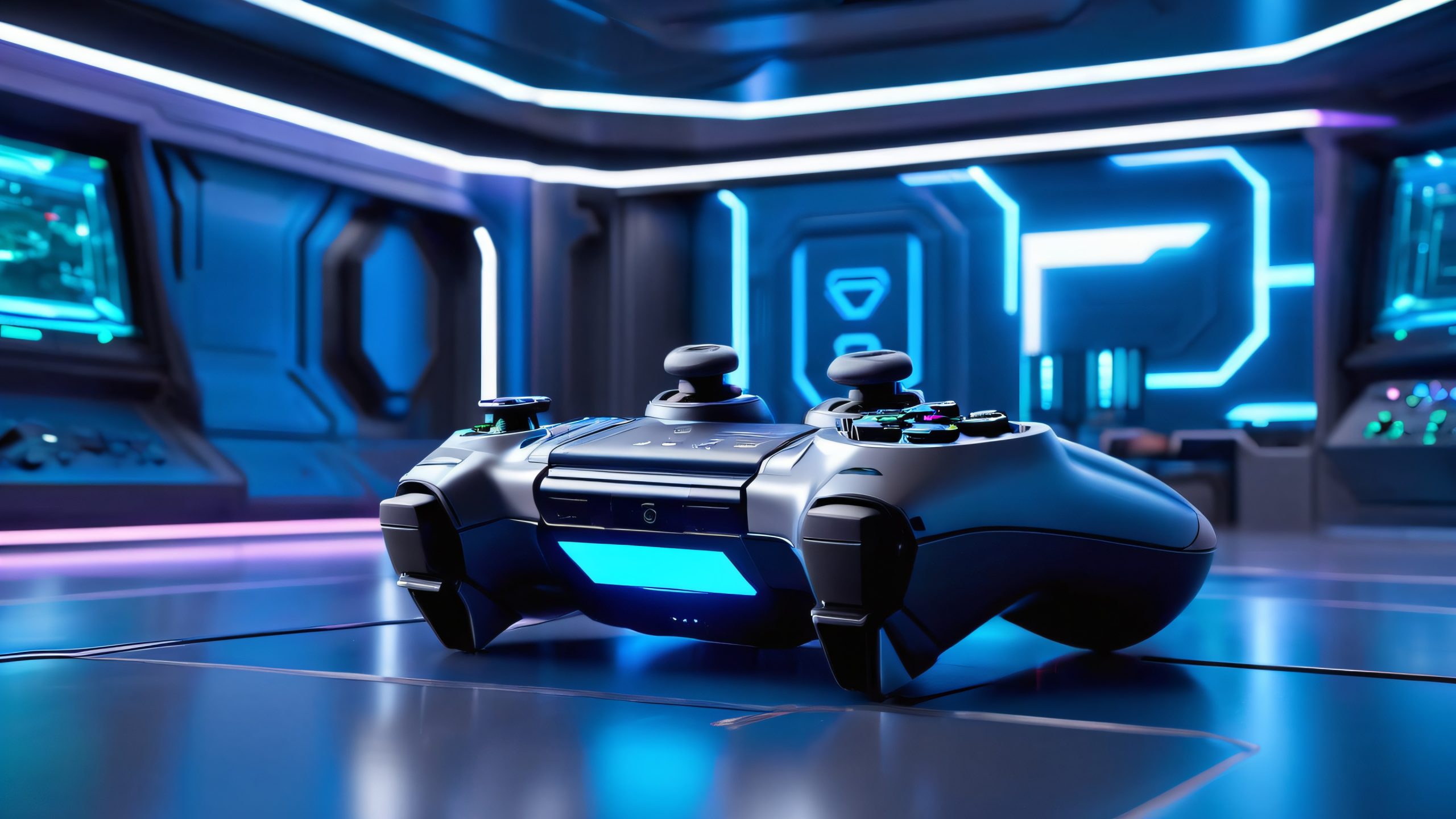 A futuristic ODST Wired Controller on a metallic surface, with dim blue-gray console room glow, perfect for desktop/PC