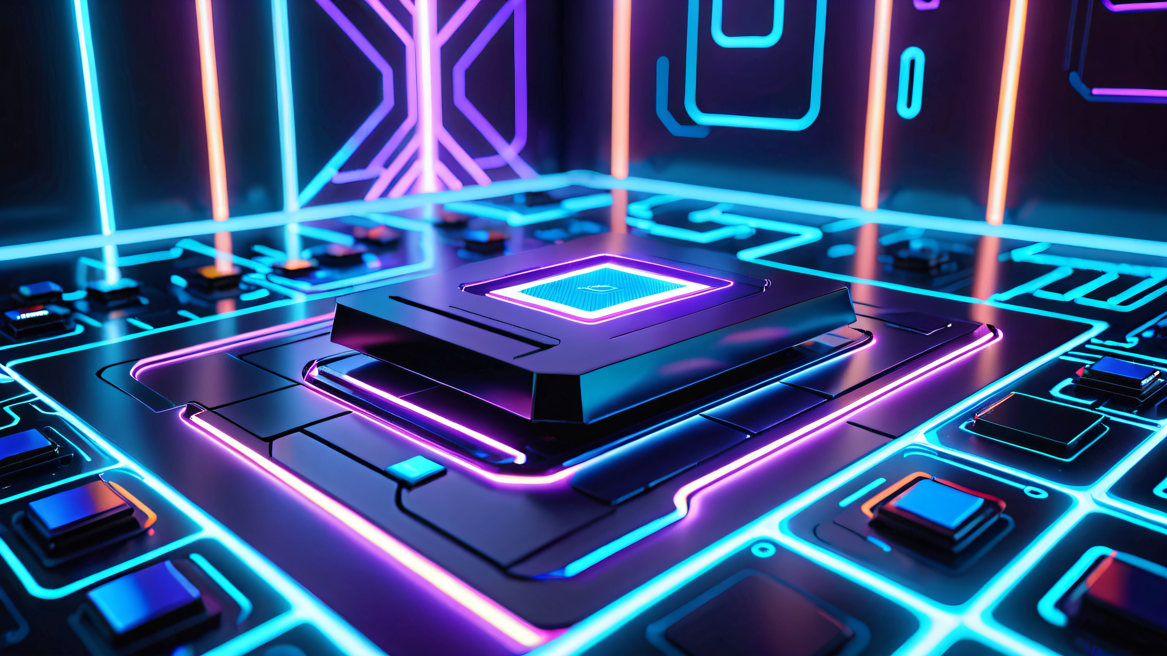 Futuristic console with holographic interface and floating digital games and puzzle pieces, surrounded by neon-lit pathways and distorted visuals.